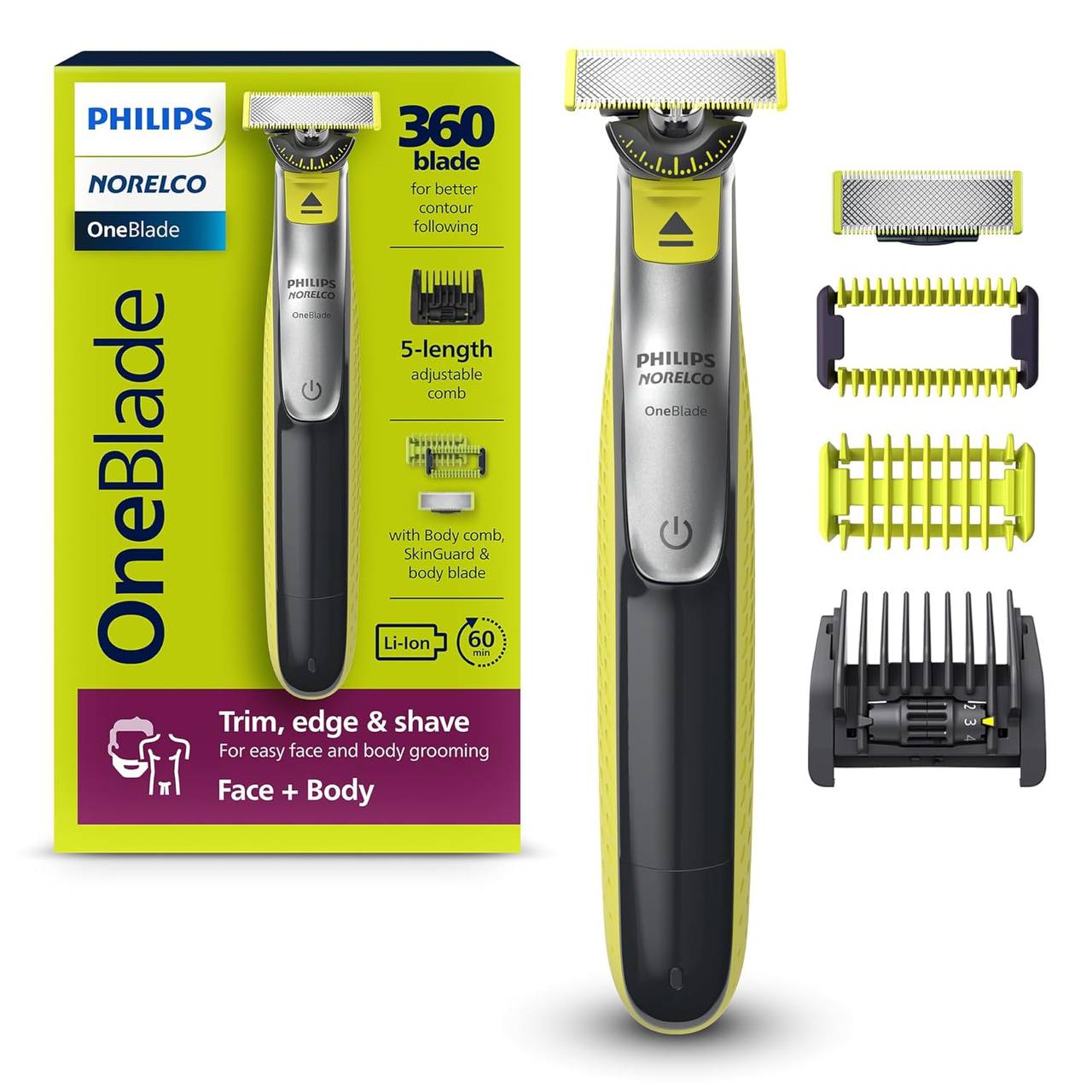 Philips OneBlade Pro Face + Body QP6542/10, Hybrid Trimmer and Shaver with 12
