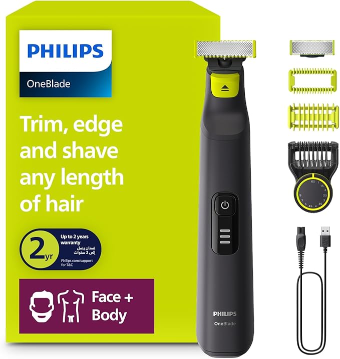 Philips OneBlade Pro Face + Body QP6542/10, Hybrid Trimmer and Shaver with 12