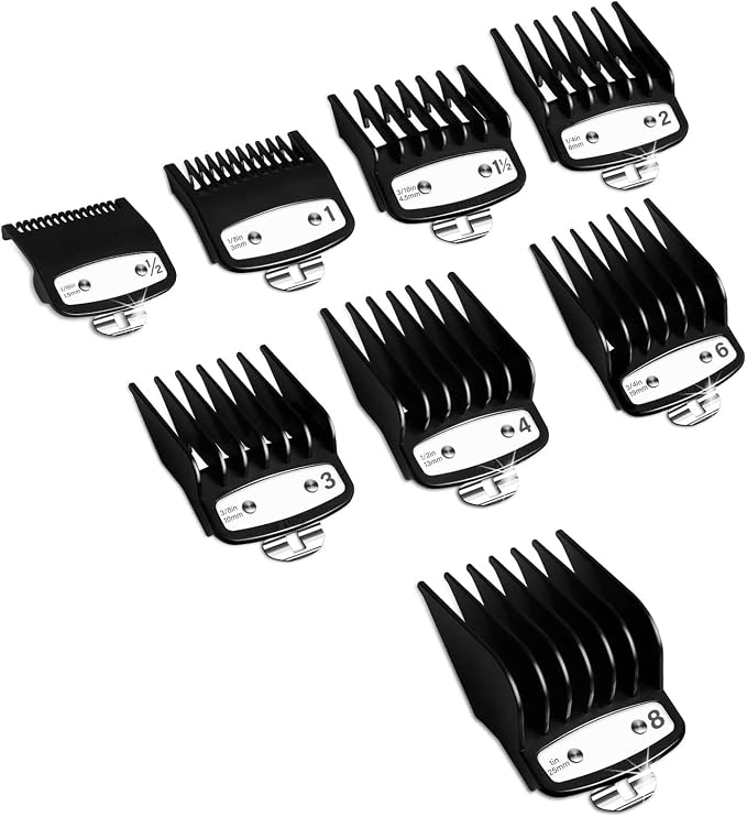 Professional Hair Clippers Guards Guide Attachments Combs, Hair Clipper Cutting Guides/Combs with Metal Clip from 1/16 Inch to 1 Inch, Compatible with Most Hair Clippers Trimmer(Pack of 8)