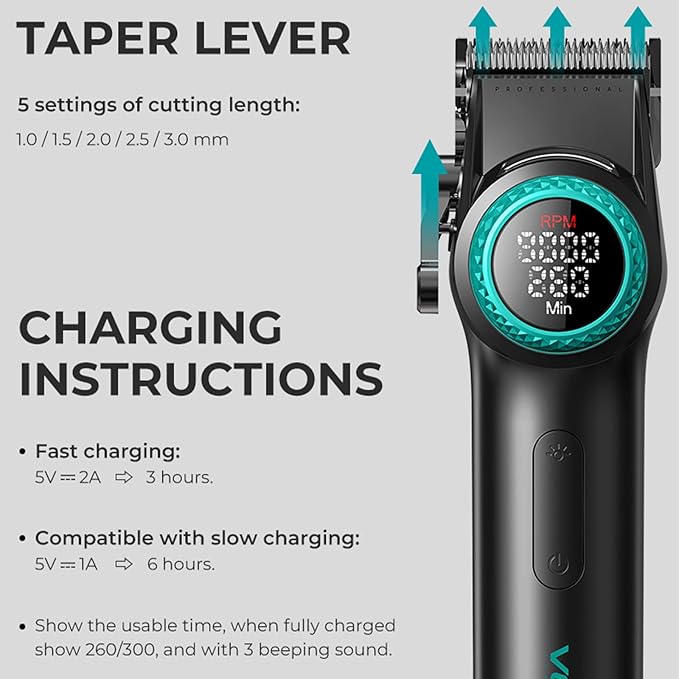 VGR 001 Professional Hair Clippers Men Cordless - Barber Machine Barbershop Haircut Cutting Kit - Vector 9000 RPM Motor - DLC Blades - Electric