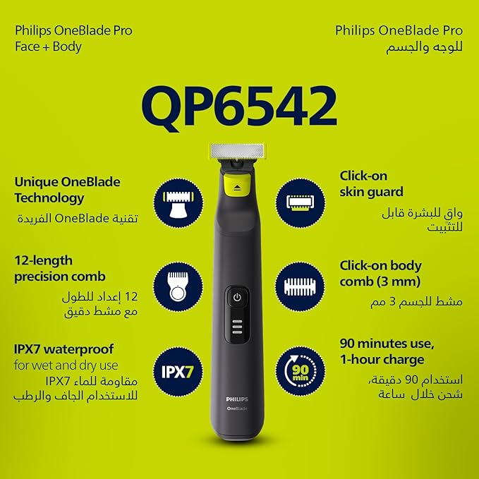 Philips OneBlade Pro Face + Body QP6542/10, Hybrid Trimmer and Shaver with 12