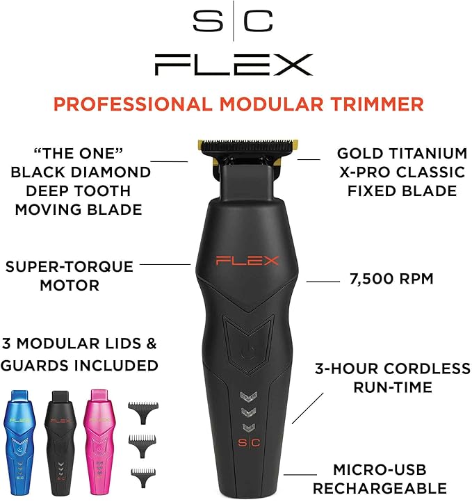 Stylecraft Flex Professional Modular Super-Torque Motor Cordless Hair Trimmer with 3 Modular Body Lids