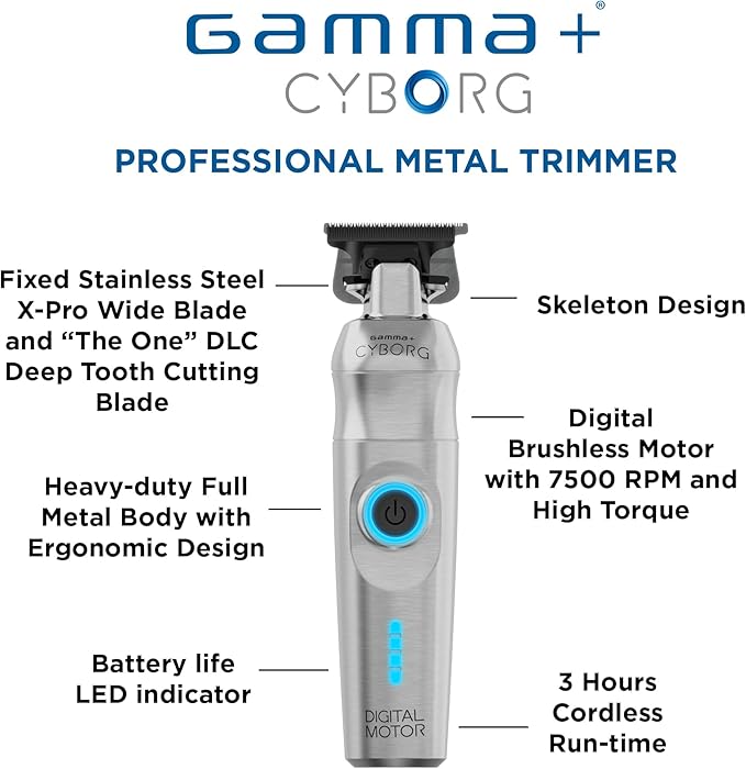 GAMMA+ Cyborg Professional Meta Cordless Ergonomicl Hair Trimmer with Digital Brushless Motor