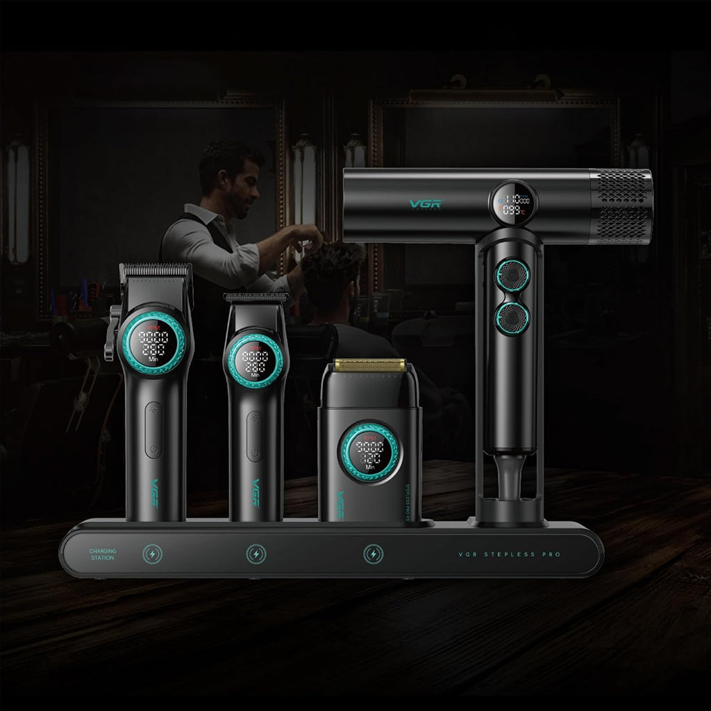 VGR 4-in-1 Professional Hair Trimmer Foil Shaver and Ion Hair Dryer Set, Professional Barber Set with Powerful Motor