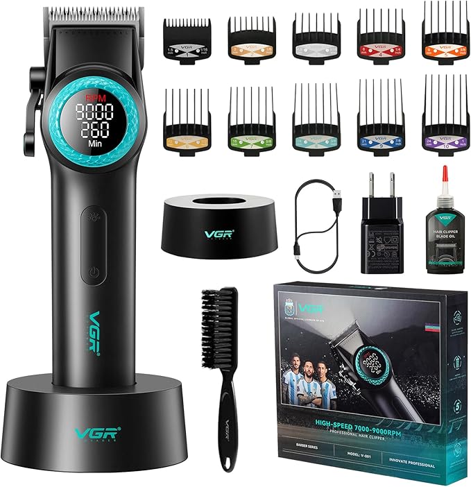 VGR 001 Professional Hair Clippers Men Cordless - Barber Machine Barbershop Haircut Cutting Kit - Vector 9000 RPM Motor - DLC Blades - Electric
