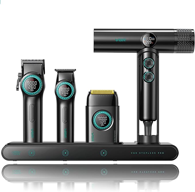 VGR 4-in-1 Professional Hair Trimmer Foil Shaver and Ion Hair Dryer Set, Professional Barber Set with Powerful Motor