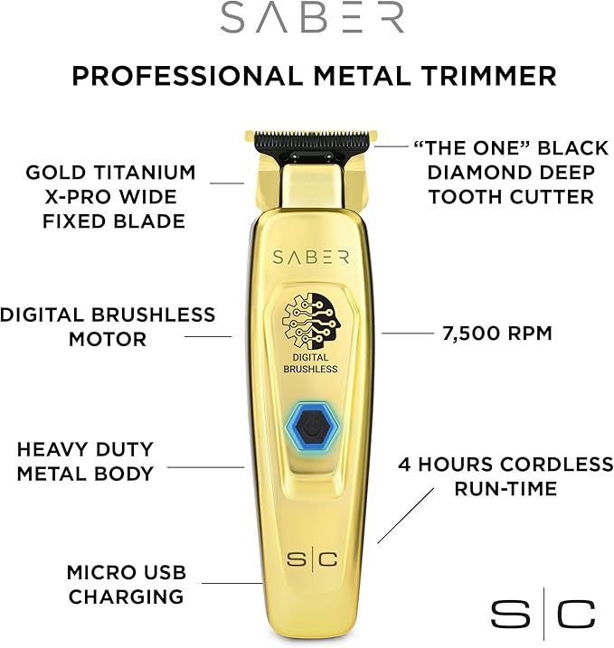 Stylecraft Saber Professional Full Metal Body Digital Brushless Motor Cordless Hair Trimmer (Gold)