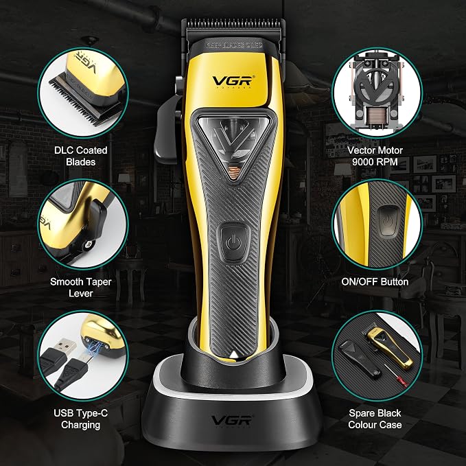 VGR Professional Hair Clippers Men Cordless - Barber Machine Barbershop Haircut Cutting Kit - Vector 9000 RPM Motor - DLC Blades - Electric