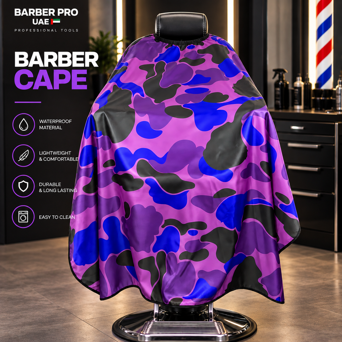 Professional Barber Cape – Purple Camouflage Design