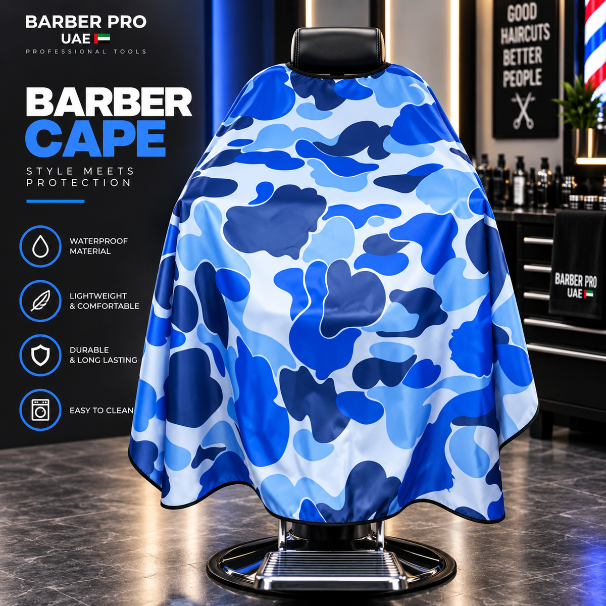 Professional Barber Cape – Blue Camouflage Design