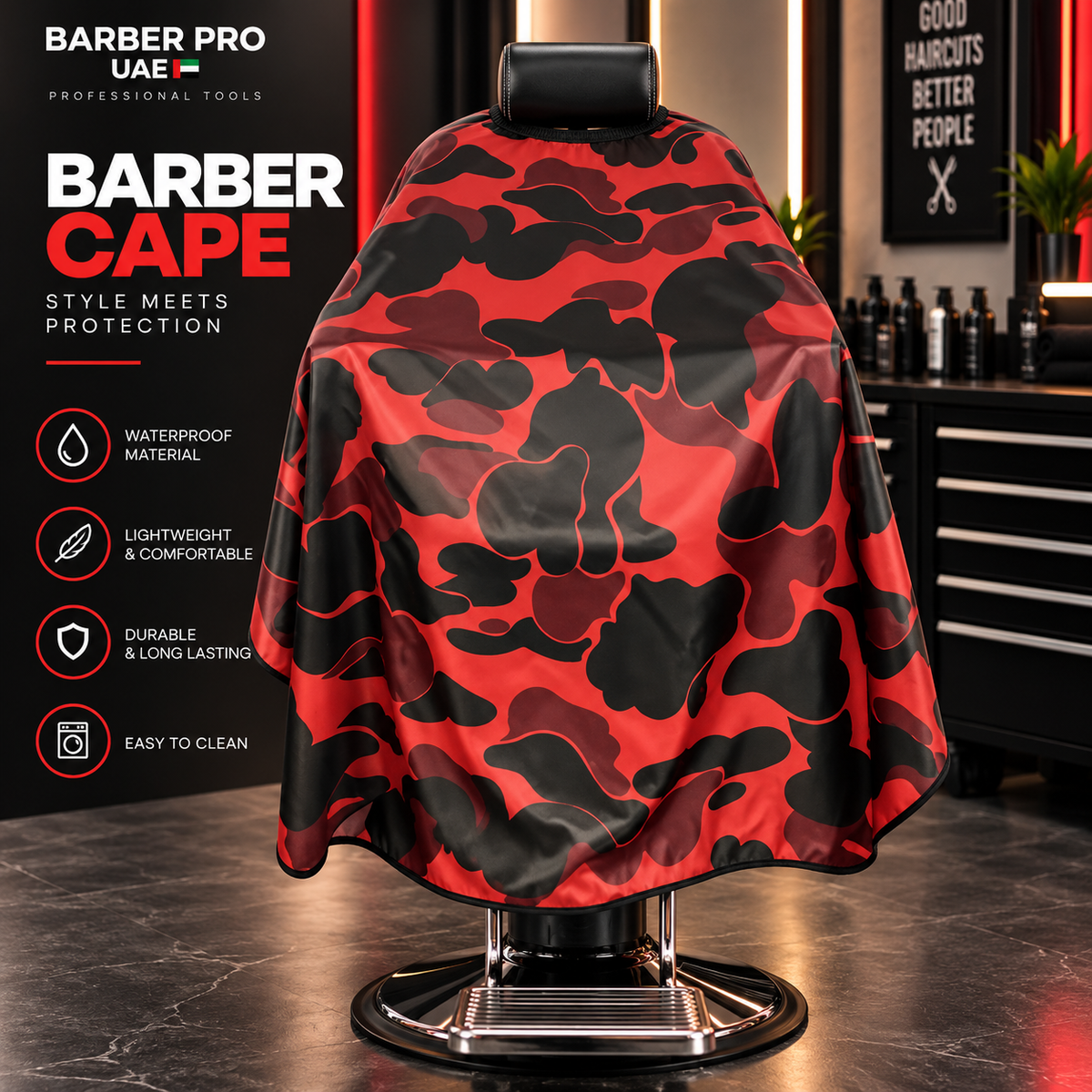 Professional Barber Cape – Red Camouflage Design