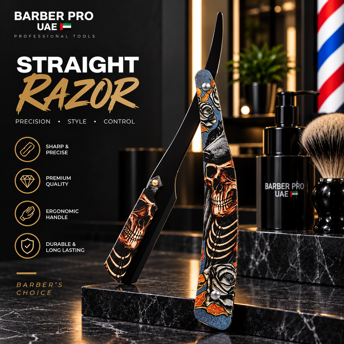 Professional Barber Straight Razor – Skull & Rose Design